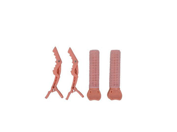 Hair rollers and clips set with two pink foam rollers and four matching clips