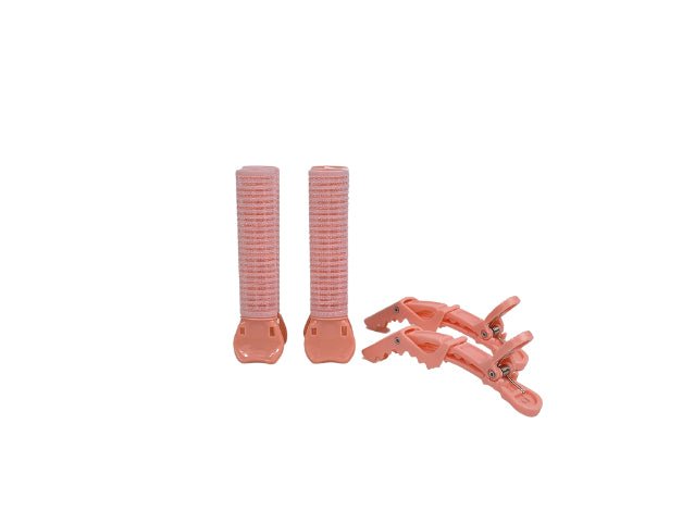 Hair rollers and clips set with two pink rollers and two front clips