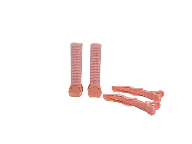 Hair rollers and clips set with two pink rollers and two curved clips