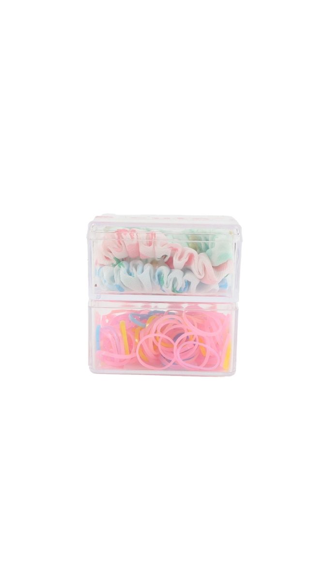 Colorful elastic hair ties in clear storage box