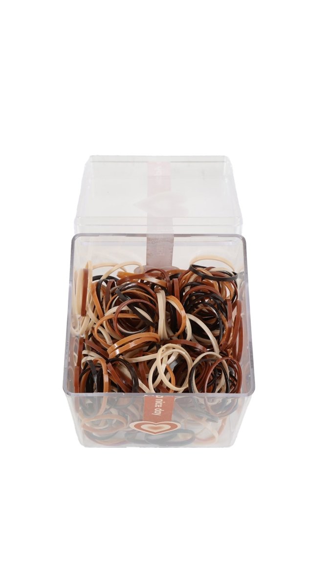 Clear plastic box filled with natural-colored rubber bands in light tan and brown