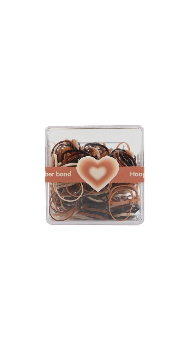 Small clear box of natural-colored rubber bands, tan and dark brown loops