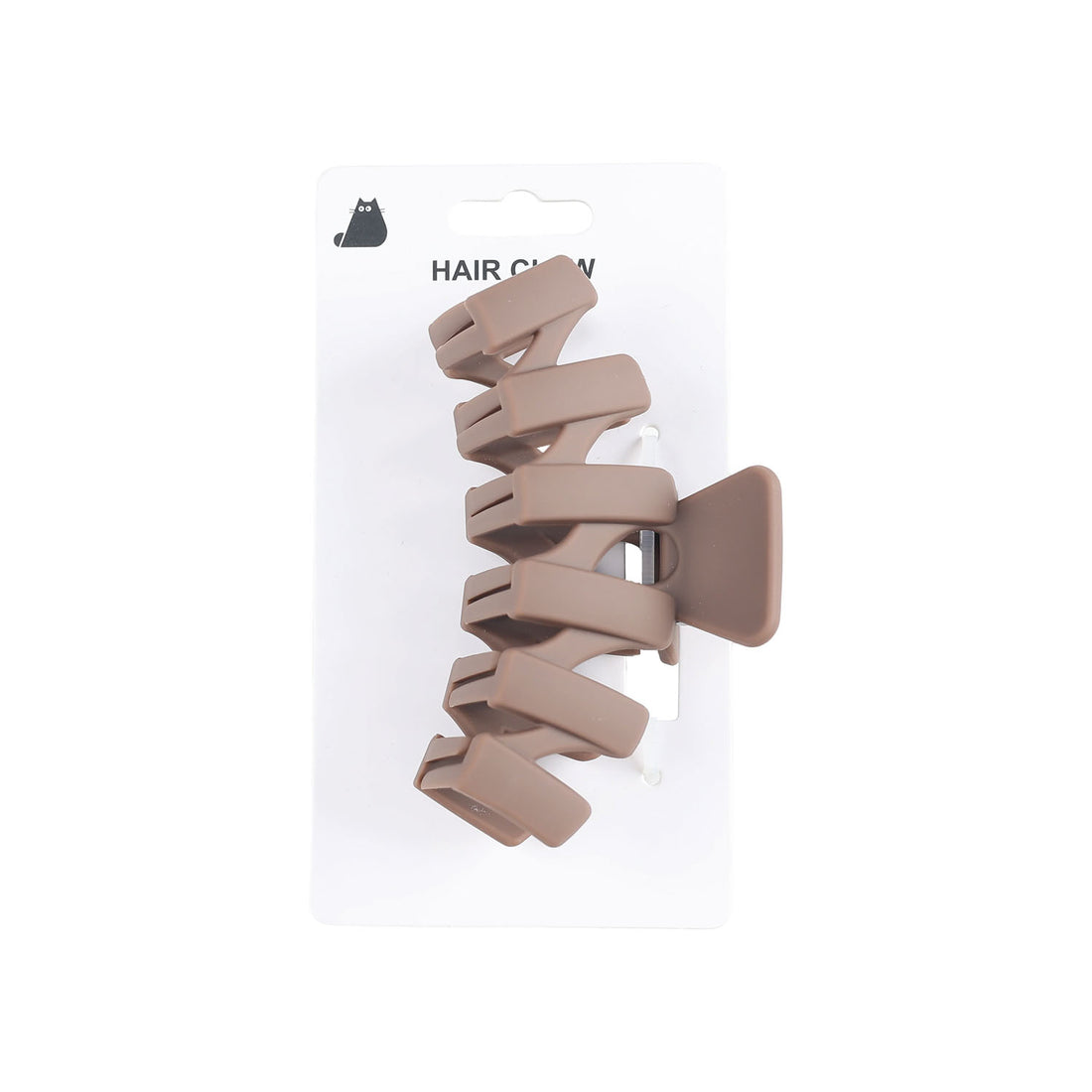 Hairclaw hair claw clip in taupe/beige, side view with packaging card