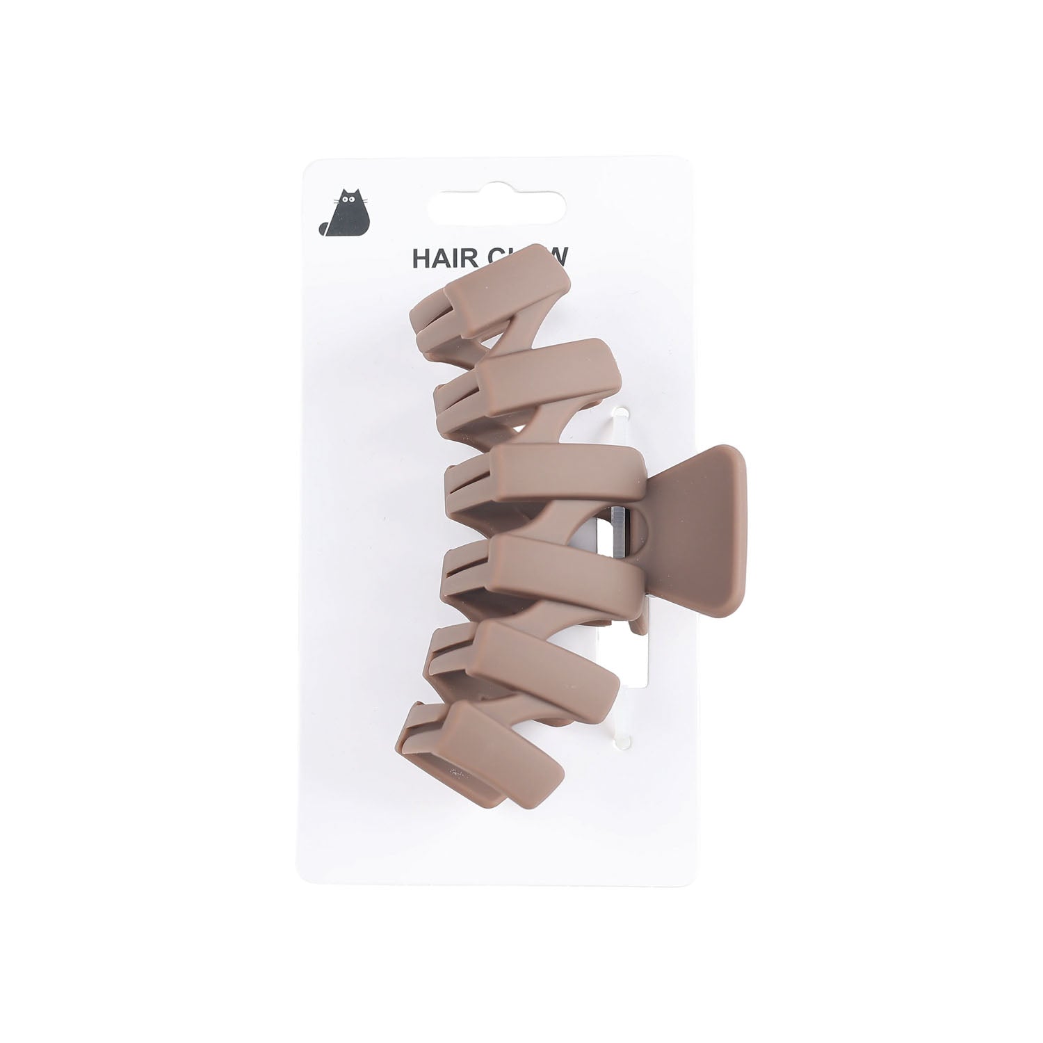 Hairclaw hair claw clip in taupe/beige, side view with packaging card