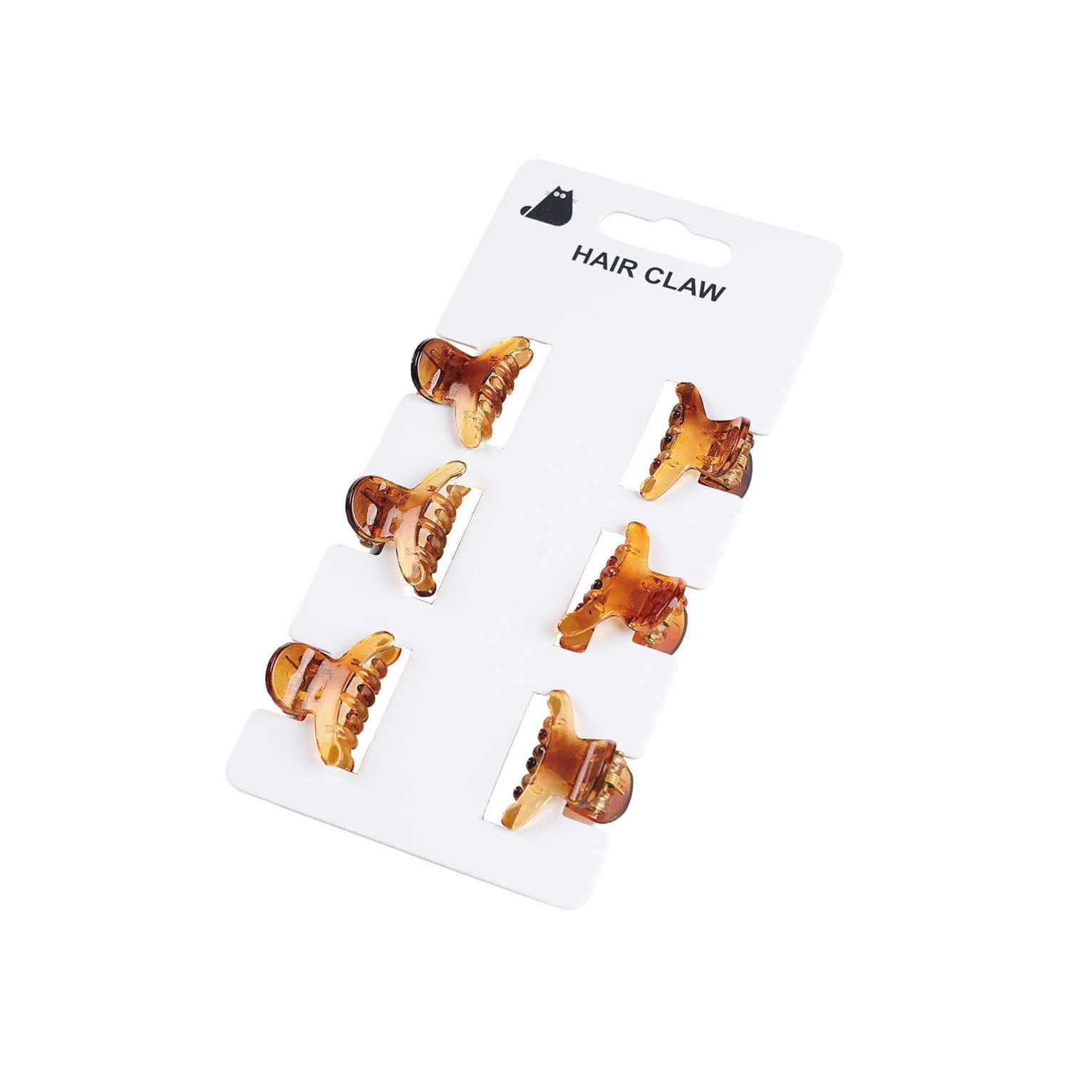 Hair claw clips set of 6, amber-brown claw clips on white display card