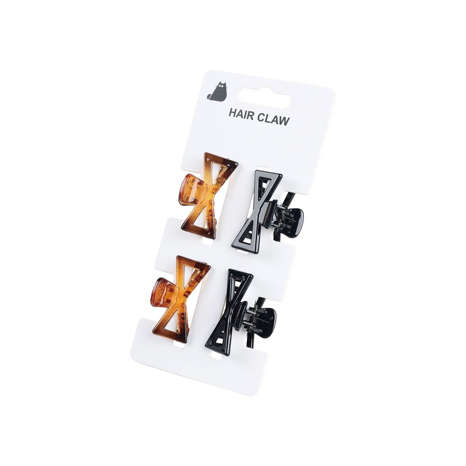 Set of four bow-style hair claws, two brown and two black on a card