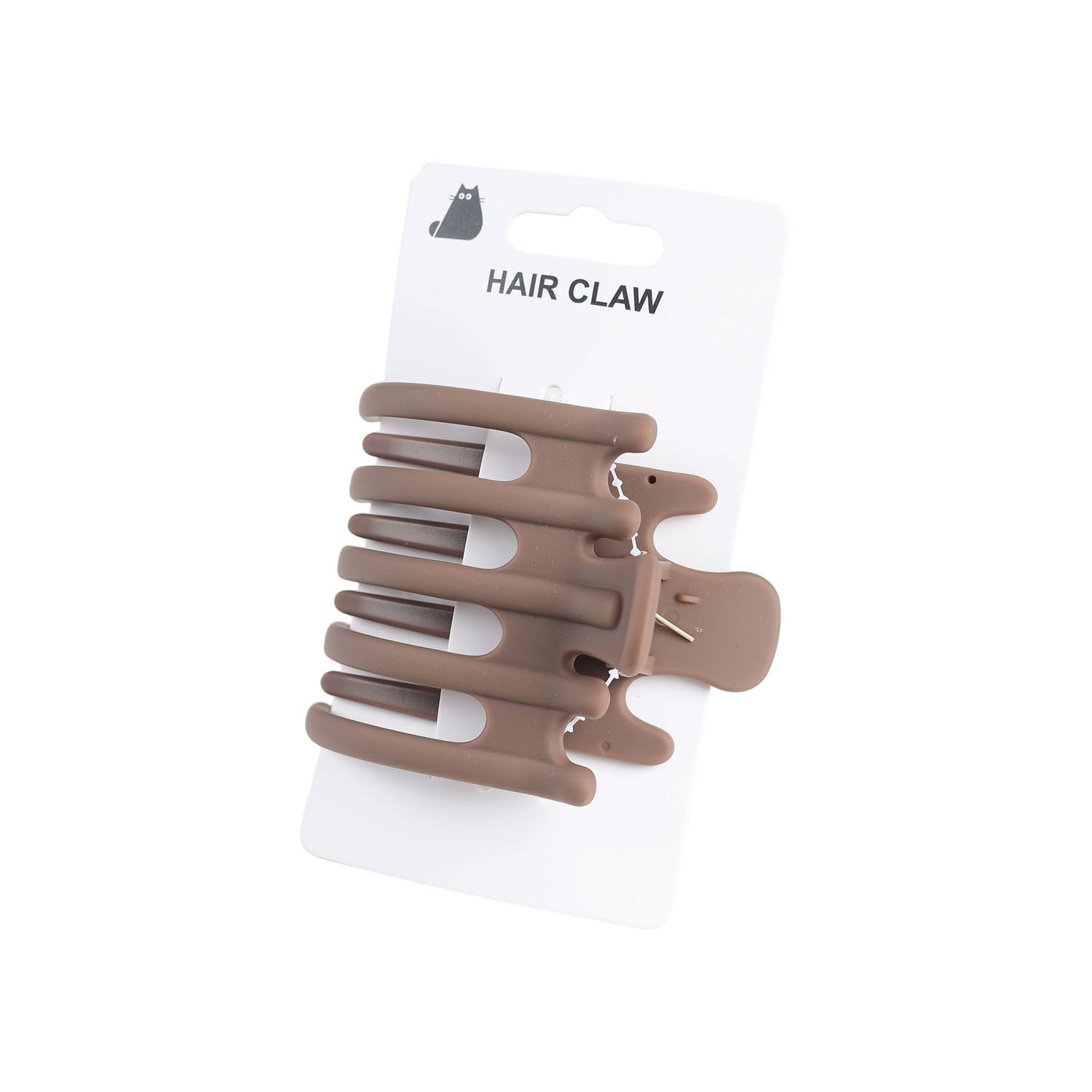 Taupe hair claw with multiple curved prongs on card backing