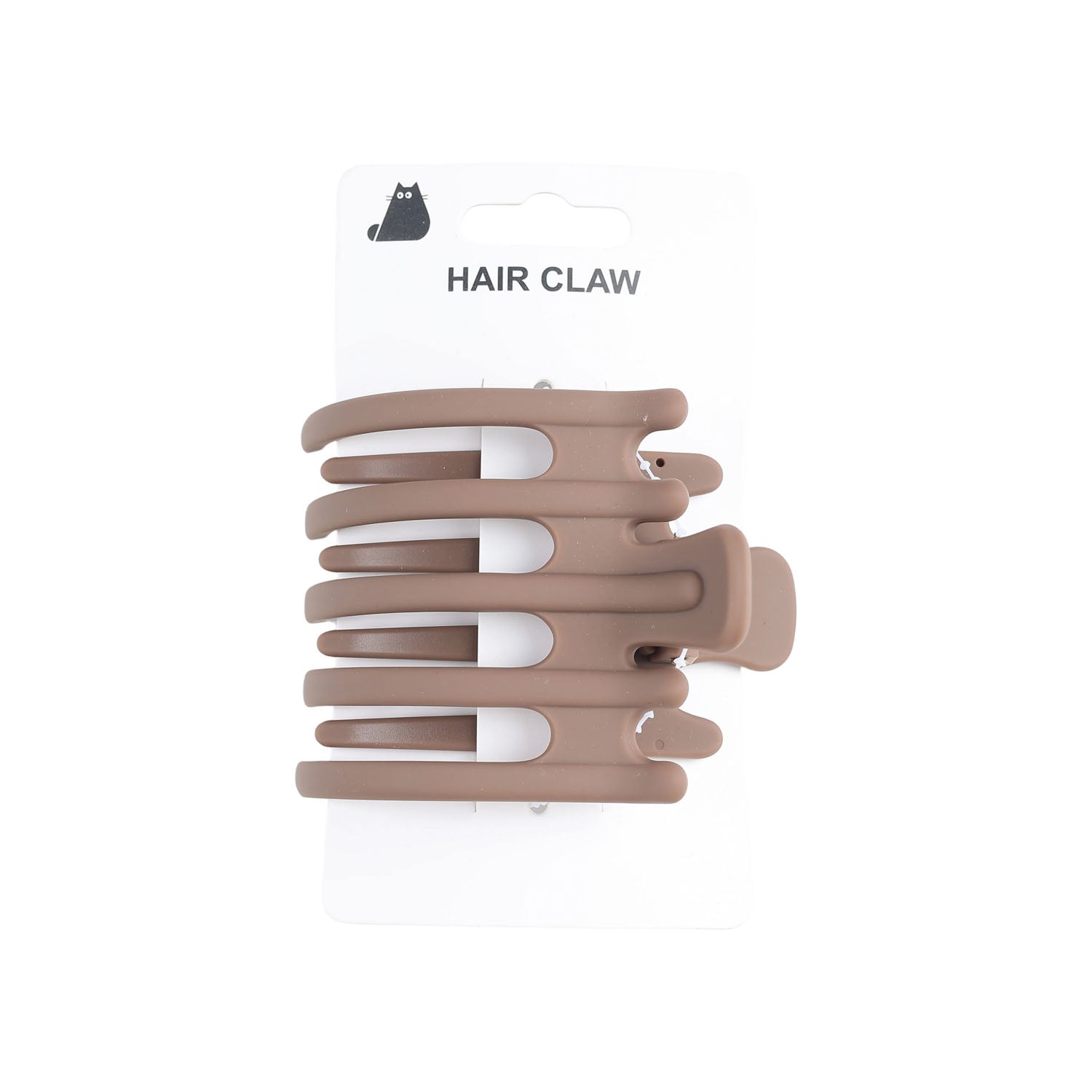 Taupe hair claw with curved comb teeth, shown in package