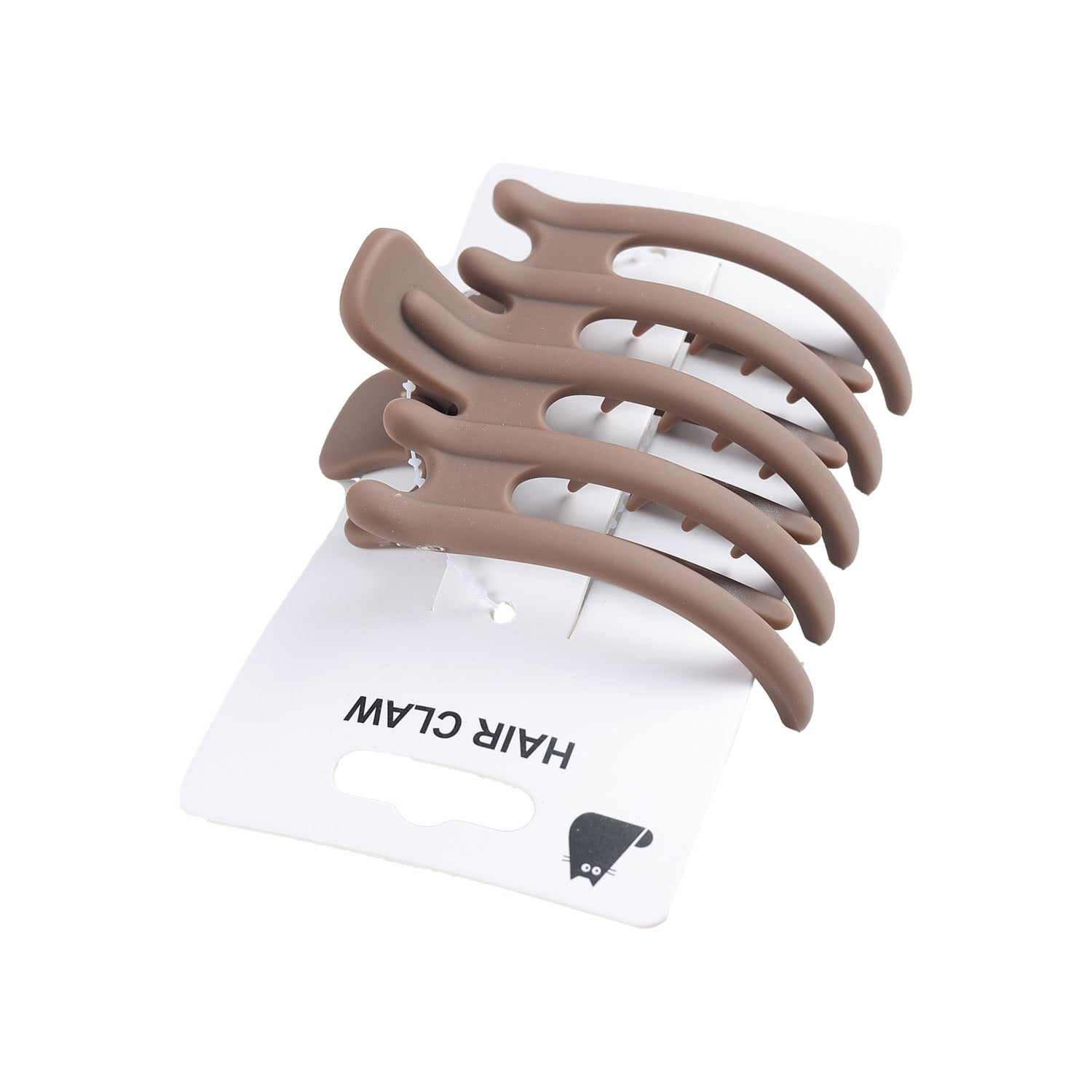 Taupe hair claw with four curved prongs on plastic card backing