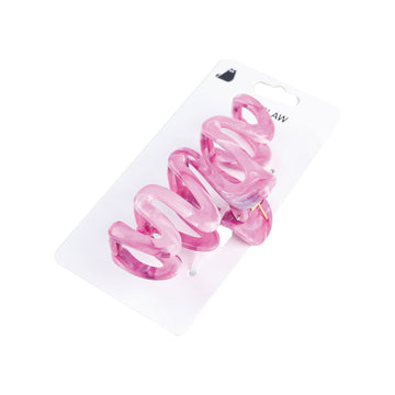 Pink spiral hair claw clip on card backing, translucent plastic.