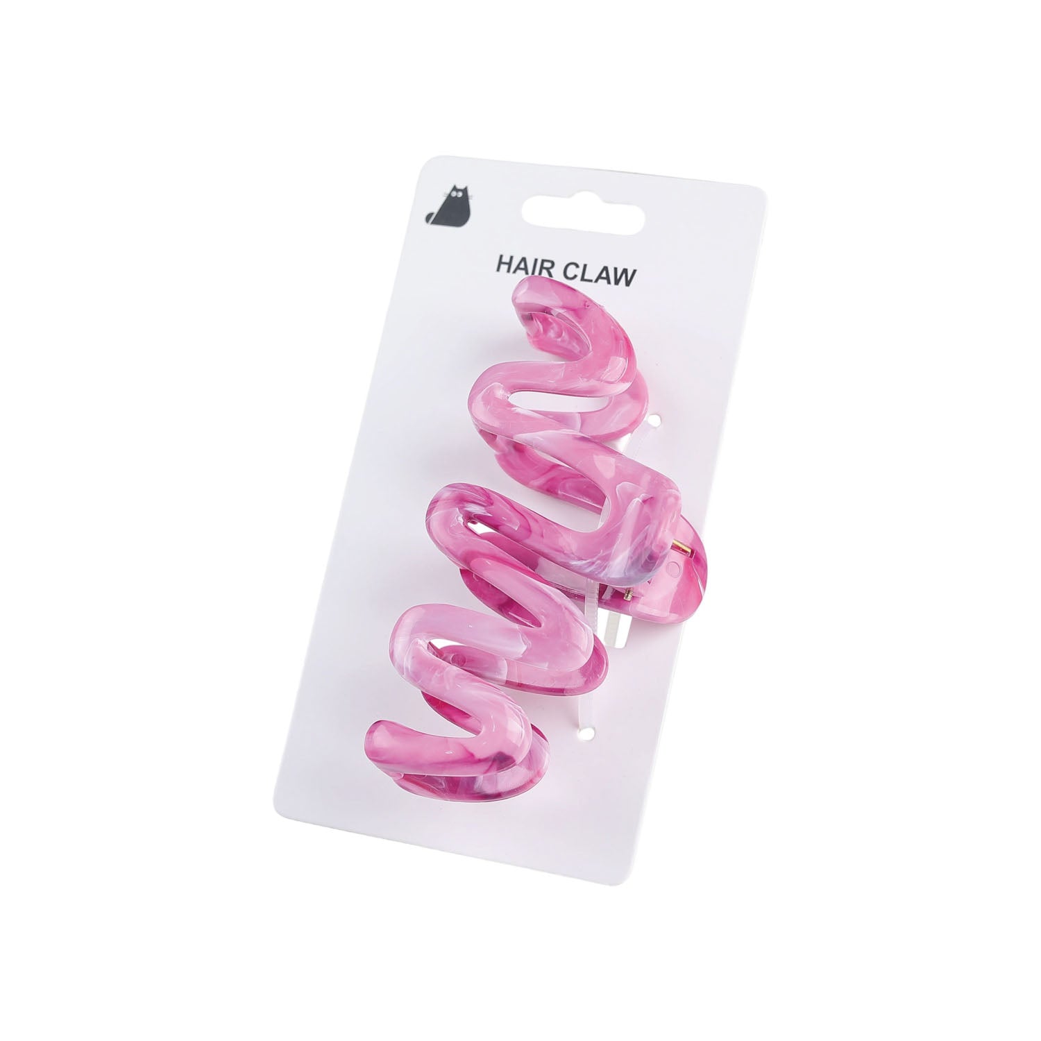 Pink spiral hair claw clip with metal hinge, translucent pink on card.
