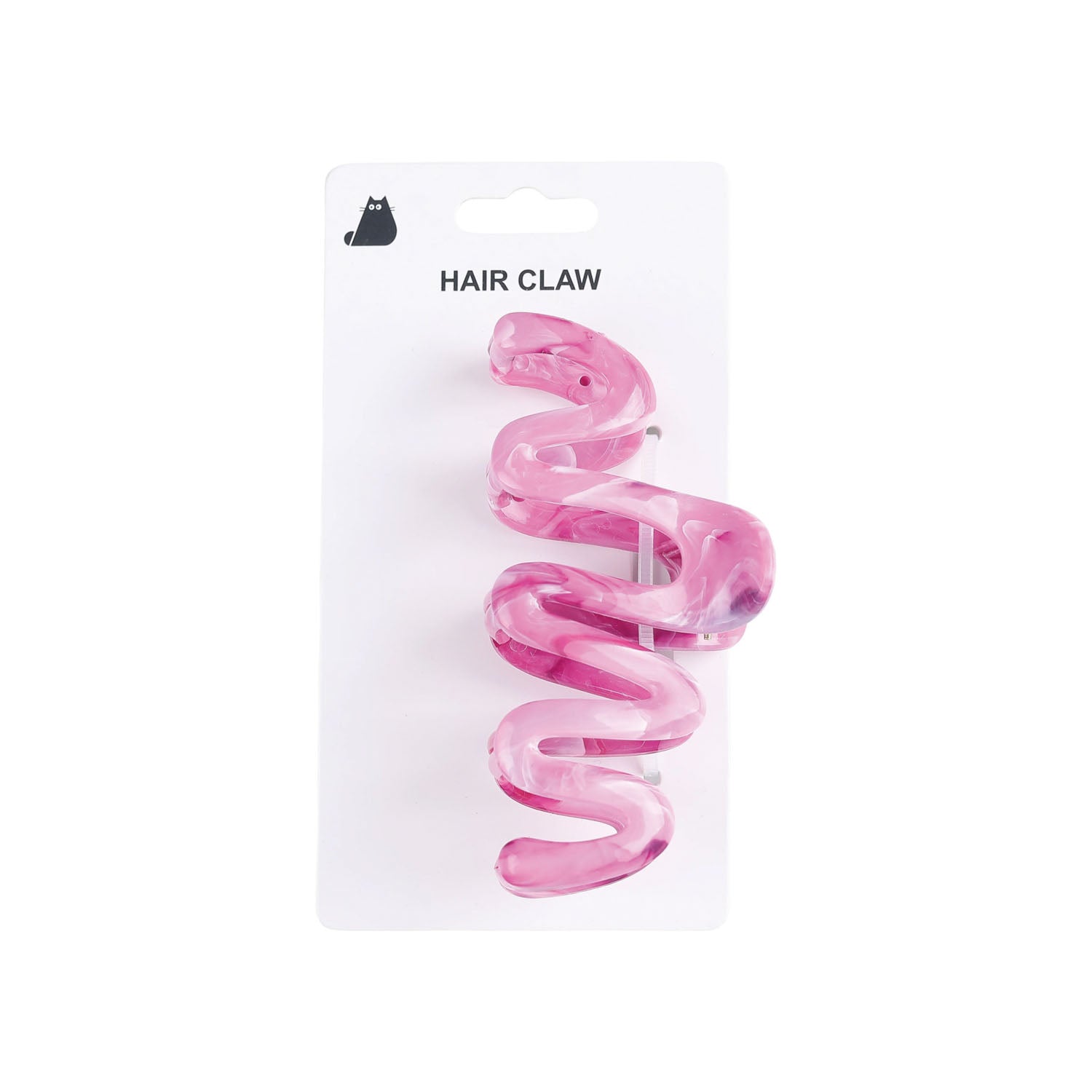 Pink spiral hair claw clip, translucent, vertical view on card backing.