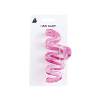 Pink spiral hair claw clip, translucent, vertical view on card backing.