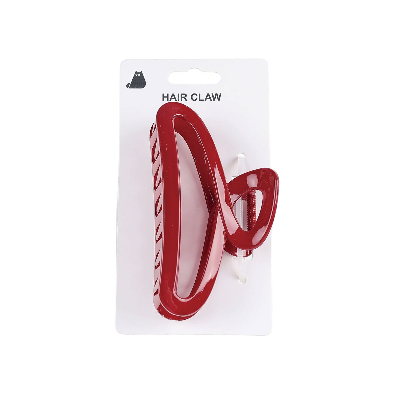 Red plastic hair claw clip, front view on blister card with hanging hook