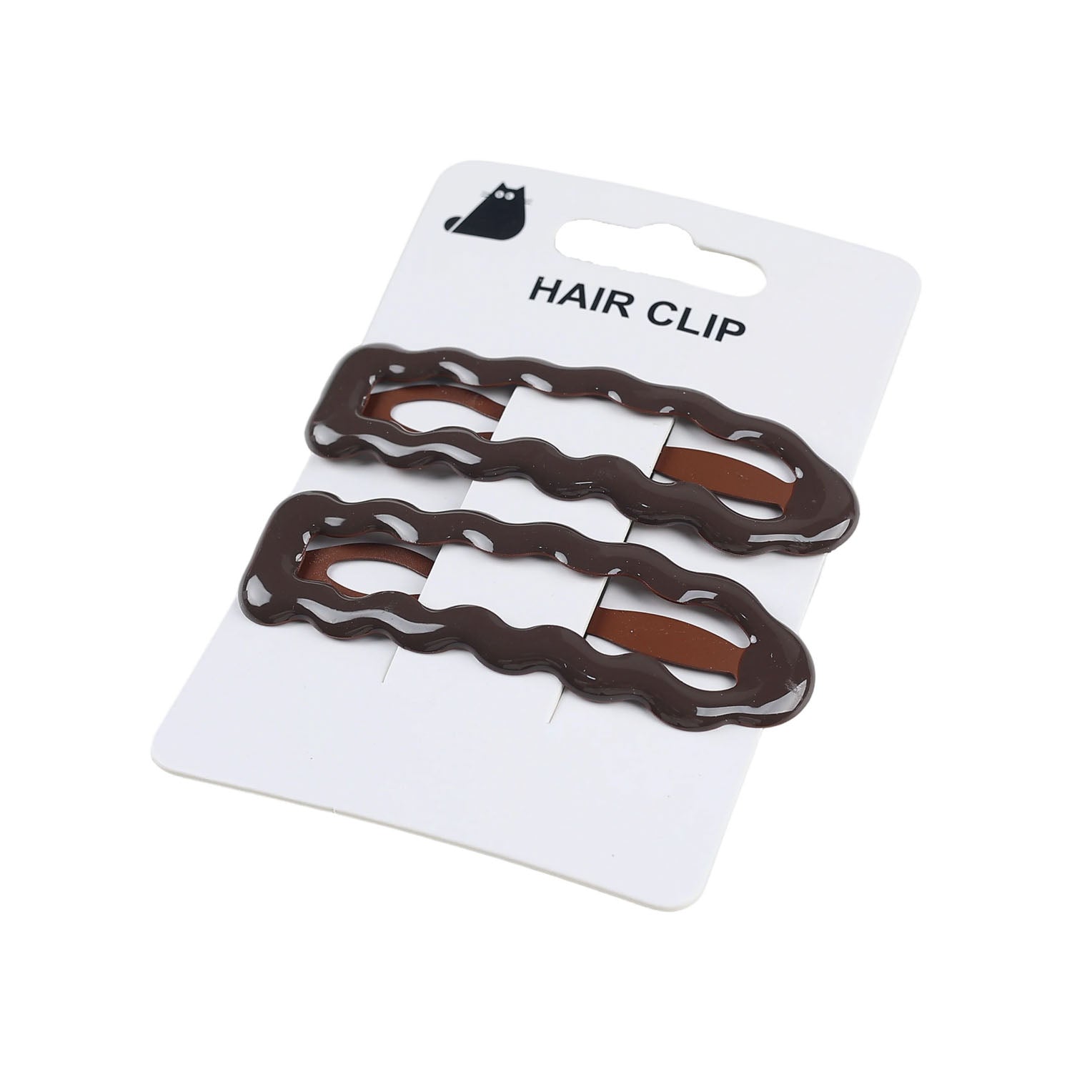 Two wavy dark brown hair clips on labeled card, open top clips