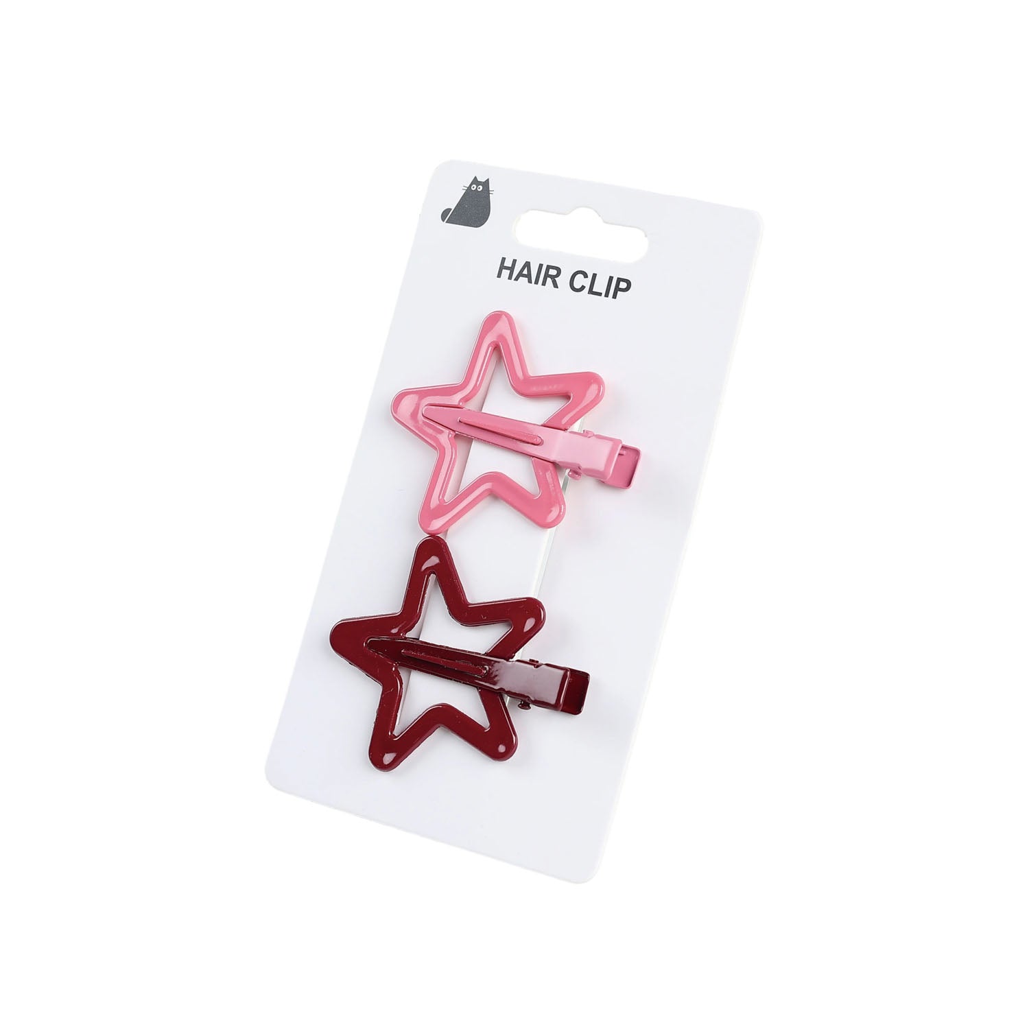 Two star hair clips, pink and dark red, on a blister card