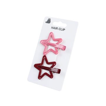 Two star hair clips, pink and dark red, on a blister card