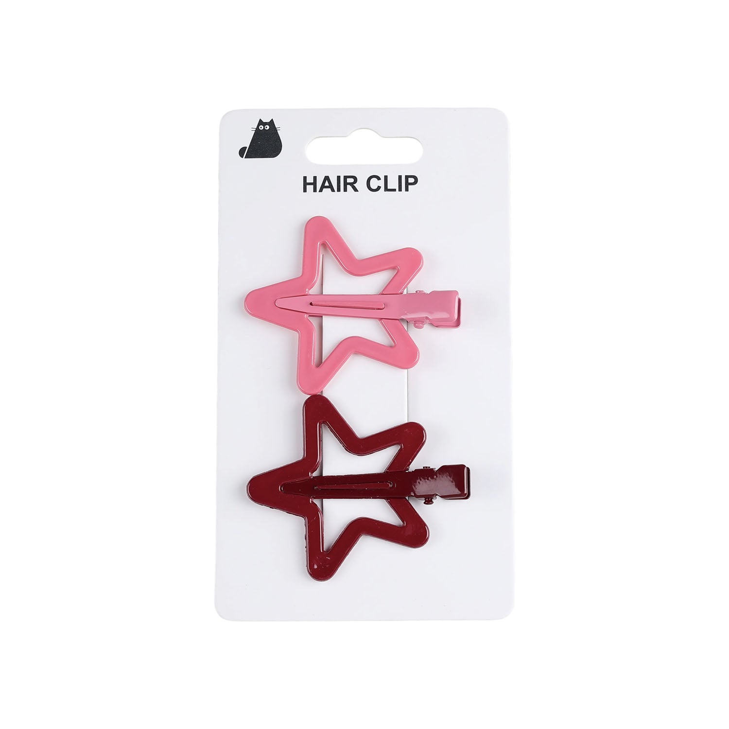 Star hair clip set with pink and dark red clips on a blister card