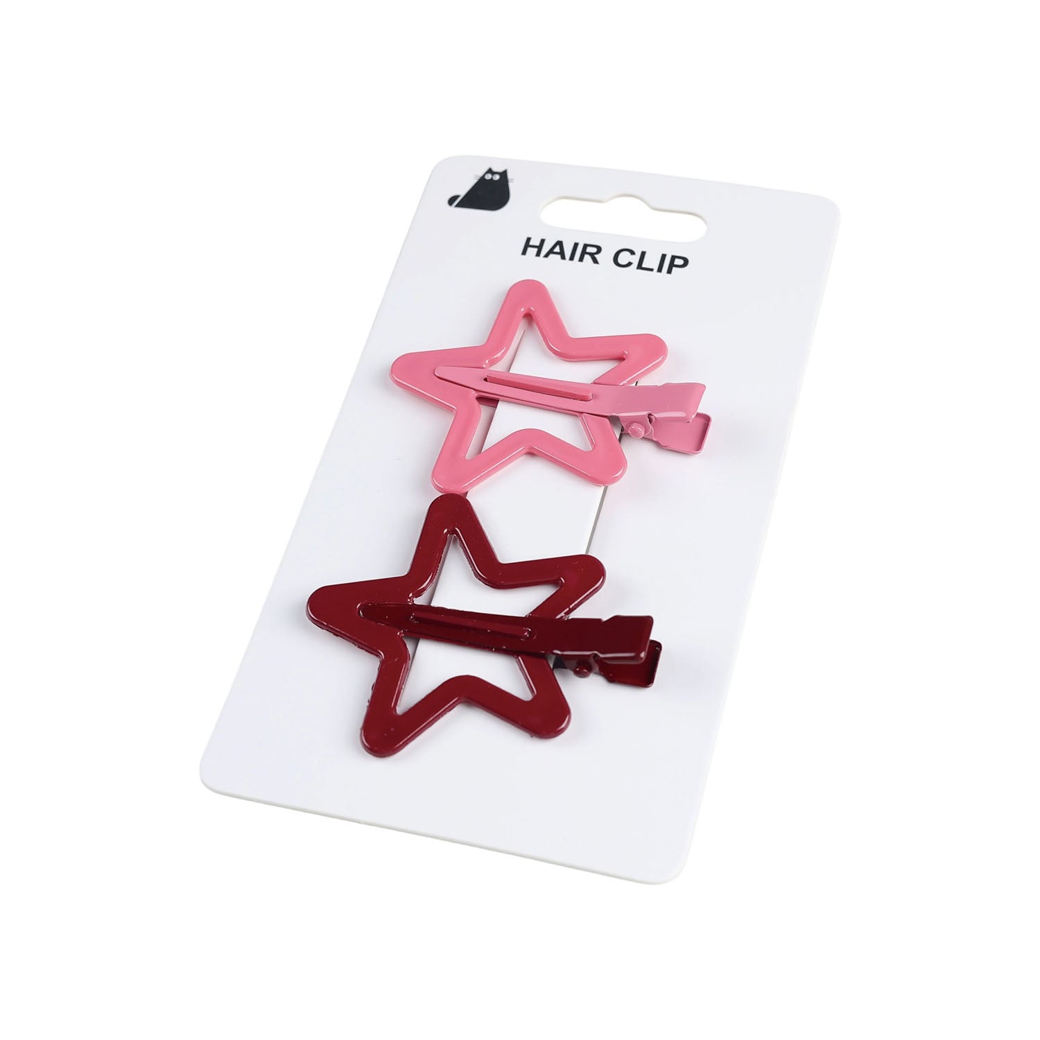 Two star hair clips on a card, pink and dark red