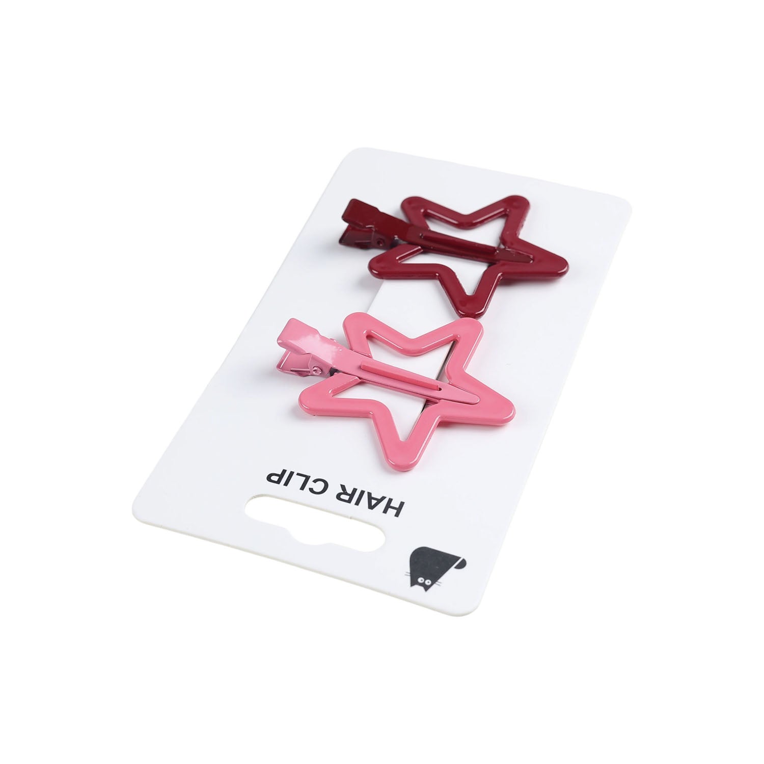 Star hair clips on packaging card, pink and dark red, angled view