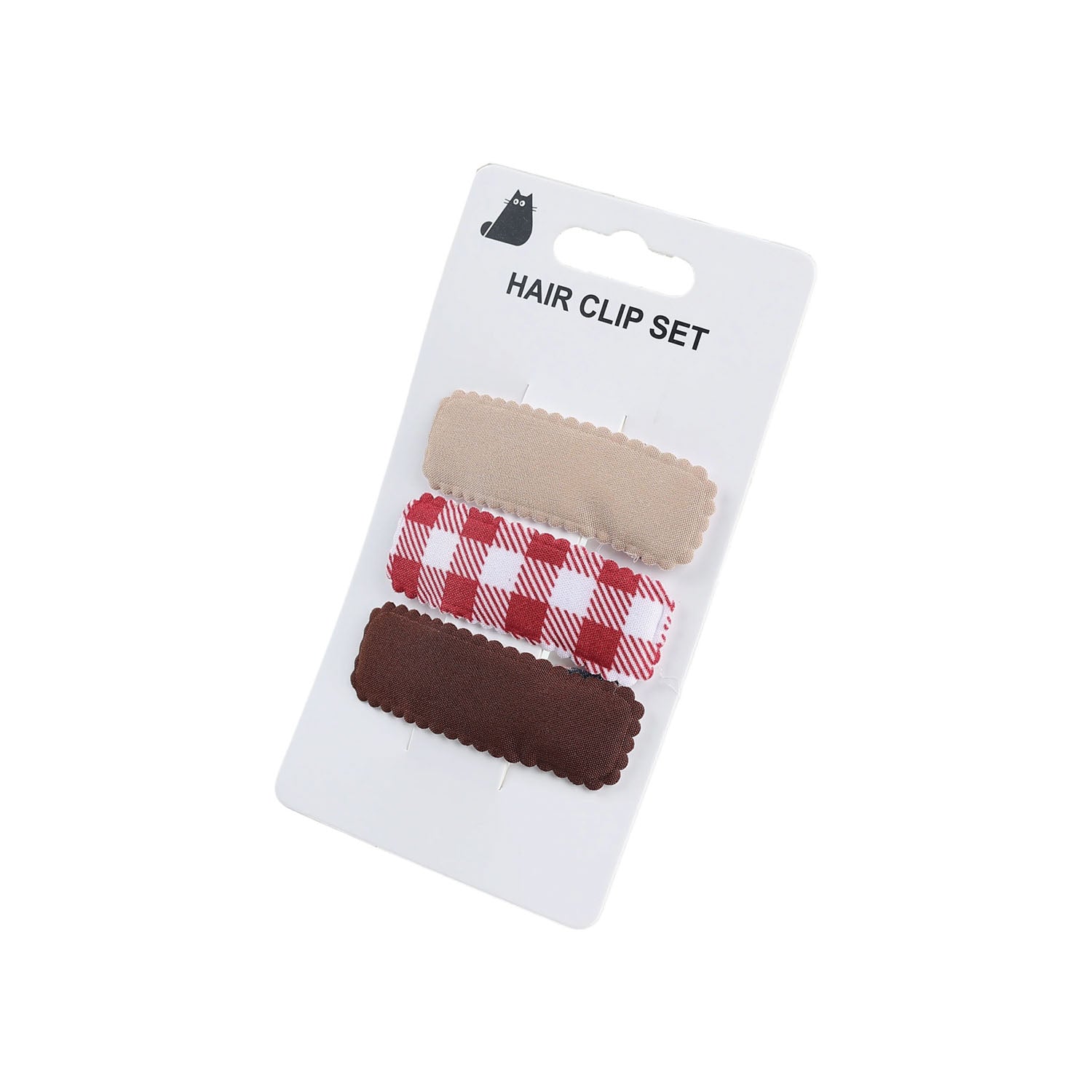 3-pack hair clip set: beige solid, red white check, dark brown fabric clips