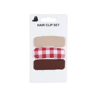 3-pack hair clip set on card: beige, red plaid, dark brown fabric clips