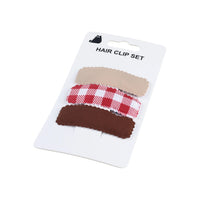 3-pack hair clip set card: beige clip, red plaid clip, dark brown clip