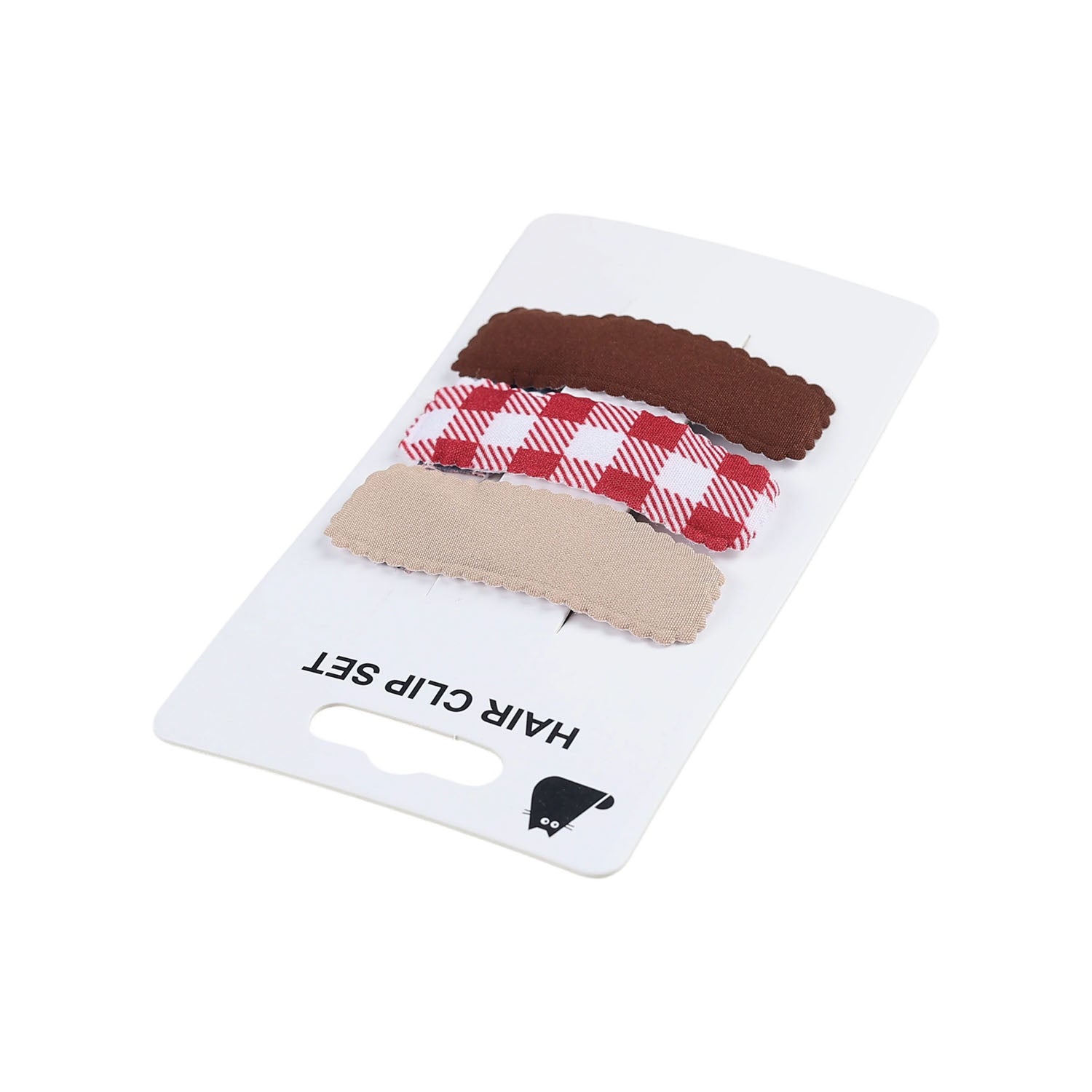 3-pack hair clip set on card back view: dark brown, red plaid, beige clips