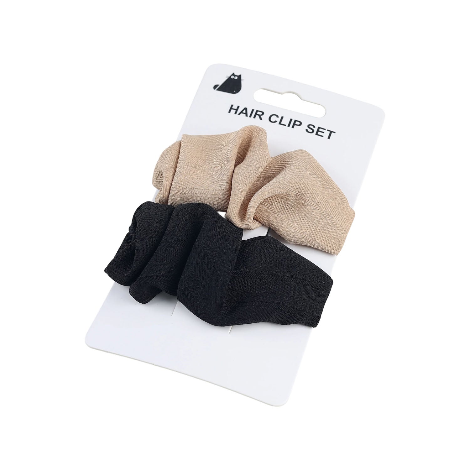 Fabric hair clip set, beige and black folded fabric clips, two pack