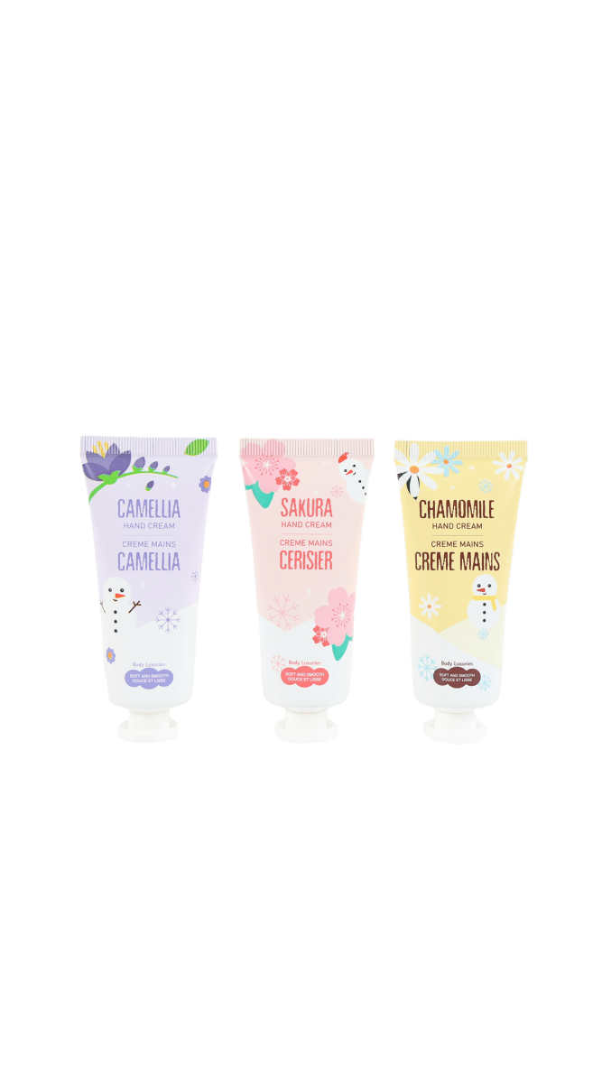 Hand cream trio in tubes with Camellia, Sakura Ceriser, and Chamomile artwork
