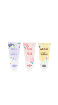 Hand cream trio in tubes with Camellia, Sakura Ceriser, and Chamomile artwork