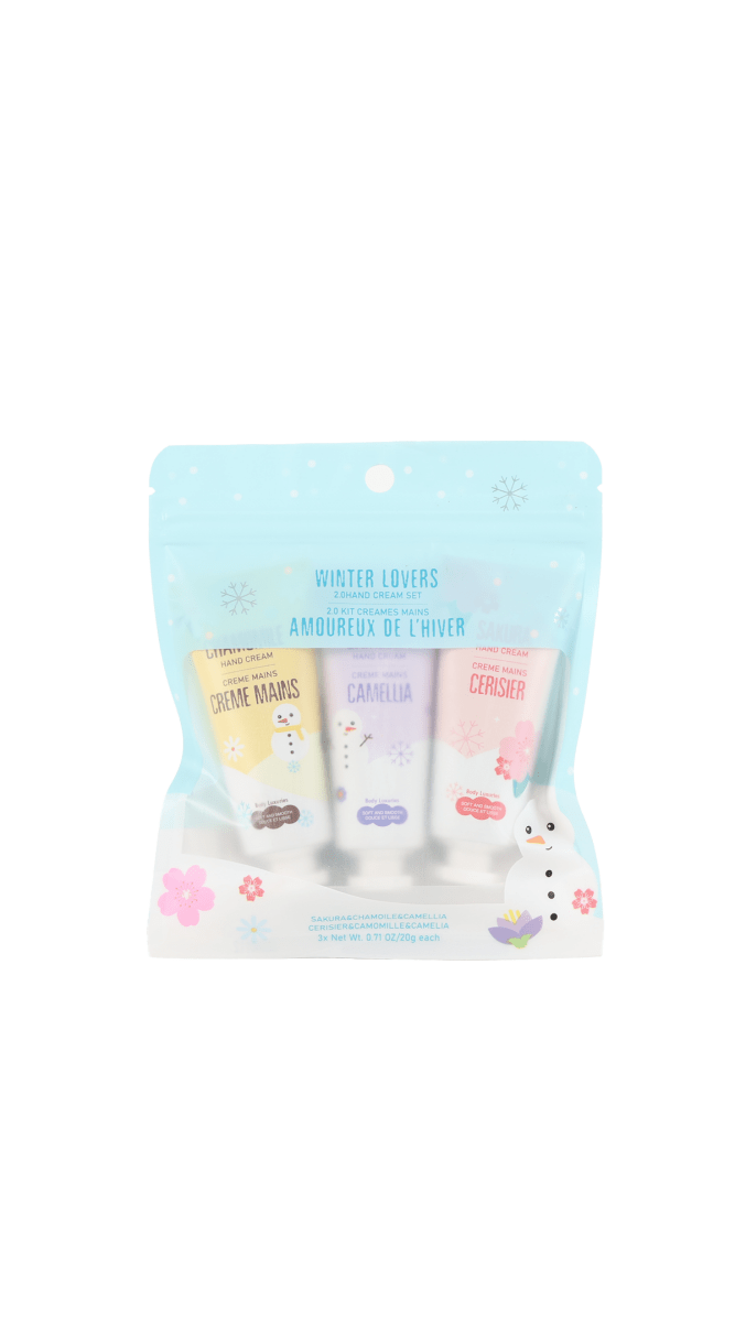 Hand cream pouch with Camellia, Ceriser, and Chamomile tube sachet labels