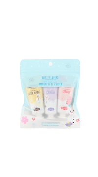 Hand cream pouch with Camellia, Ceriser, and Chamomile tube sachet labels