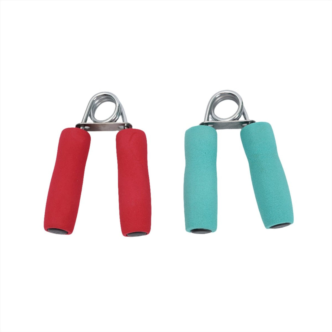 Hand grip strengthener with metal rings, two red foam handles