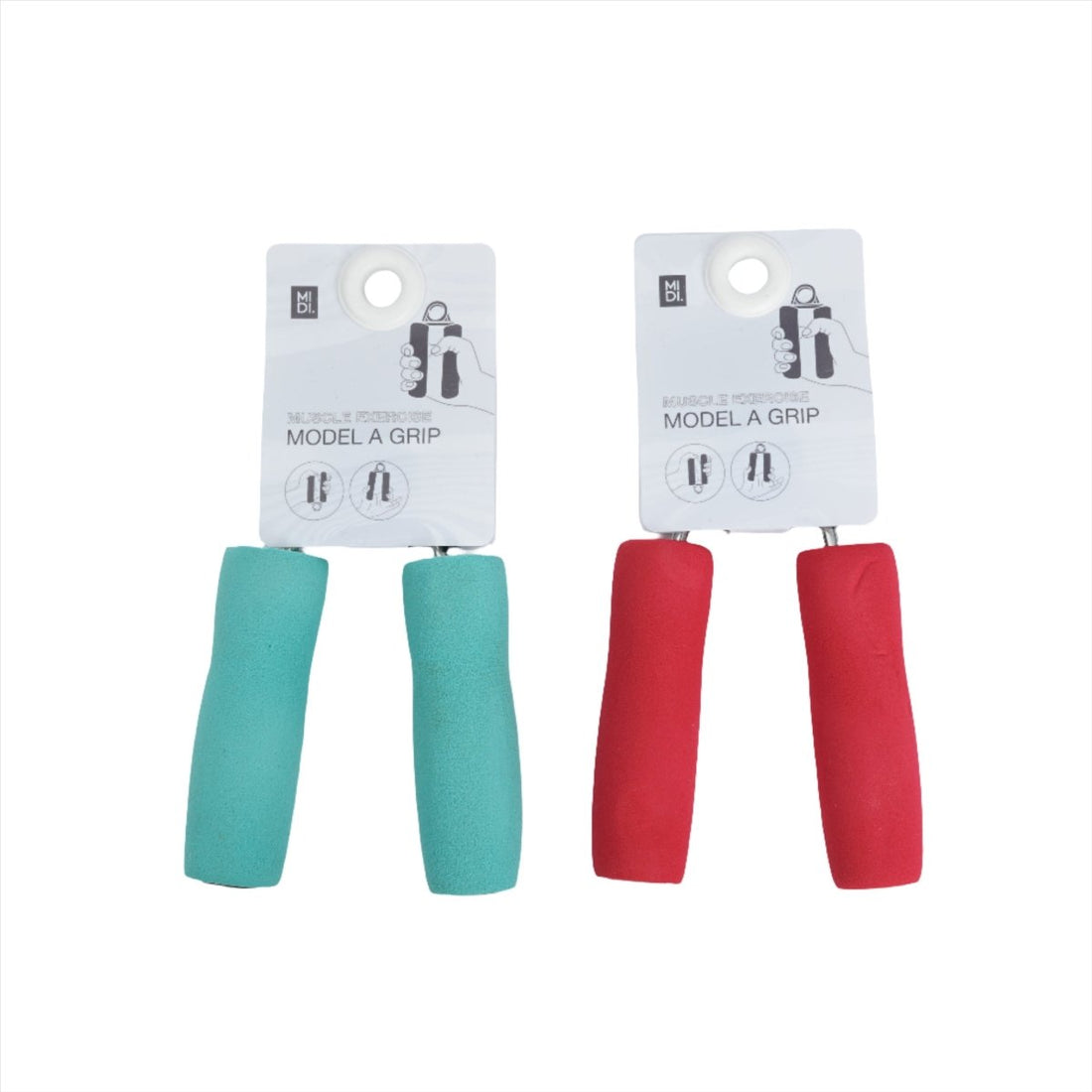 Grip strengthener set with teal and red foam handles on display cards