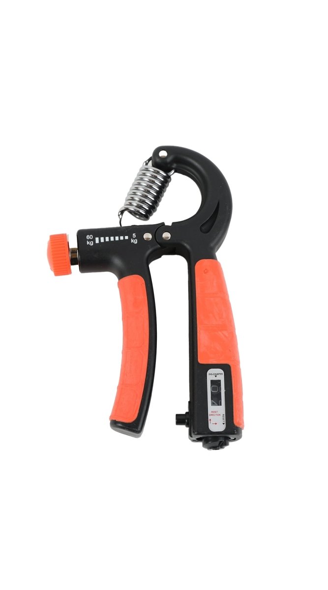 Counting hand grip tool, black handle with orange accents and numbered gauge