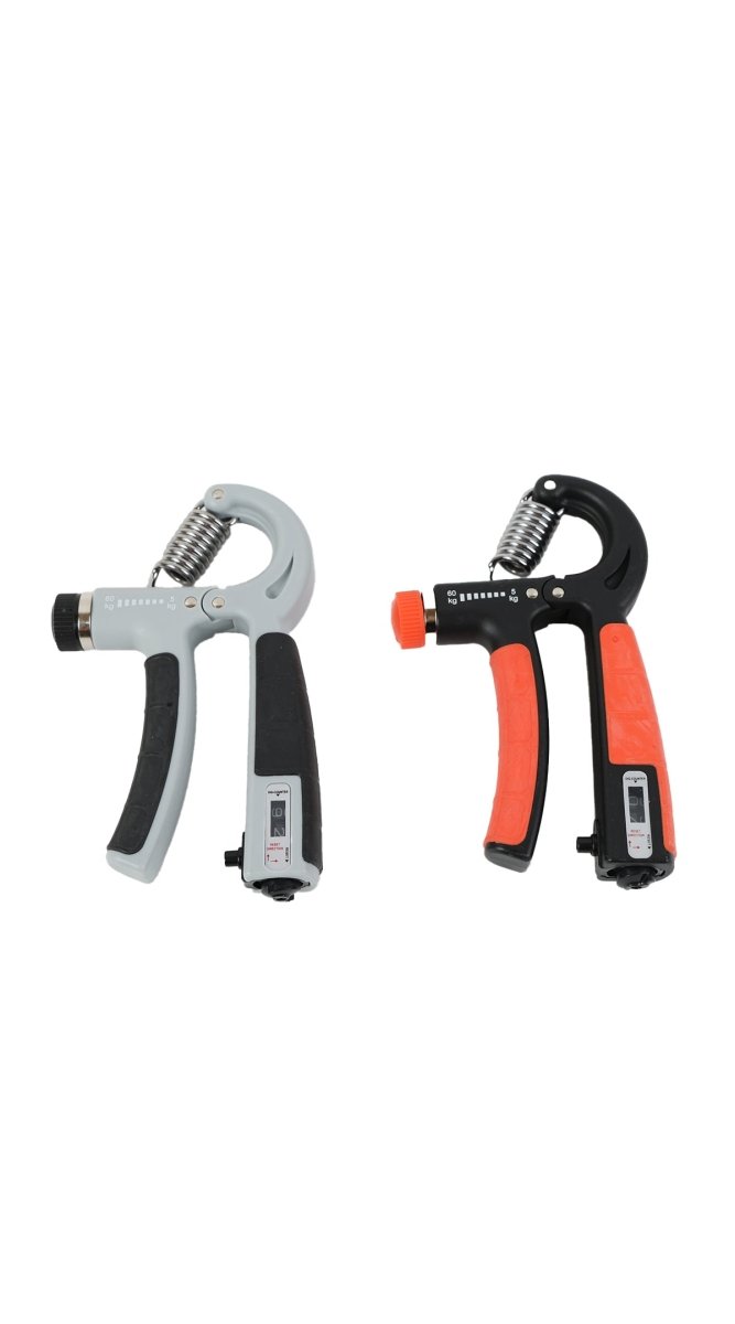 Counting hand grip tools: gray and black versions with orange trigger and gauge