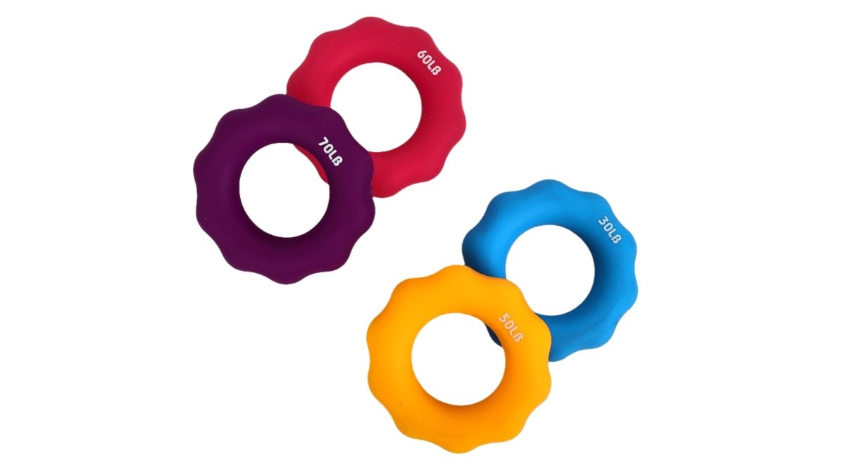 Hand gripper strengthener set of 4 rings: purple, red, blue, and orange-yellow