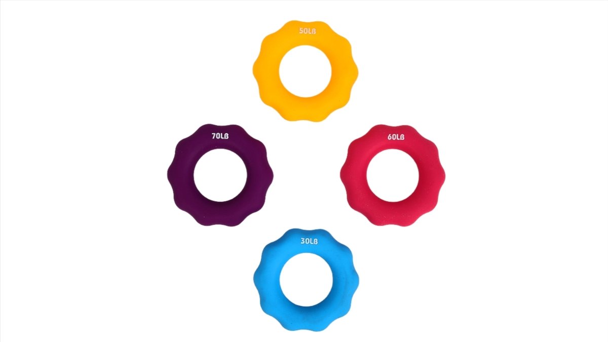 Four hand gripper rings separated: yellow, purple, red, and blue