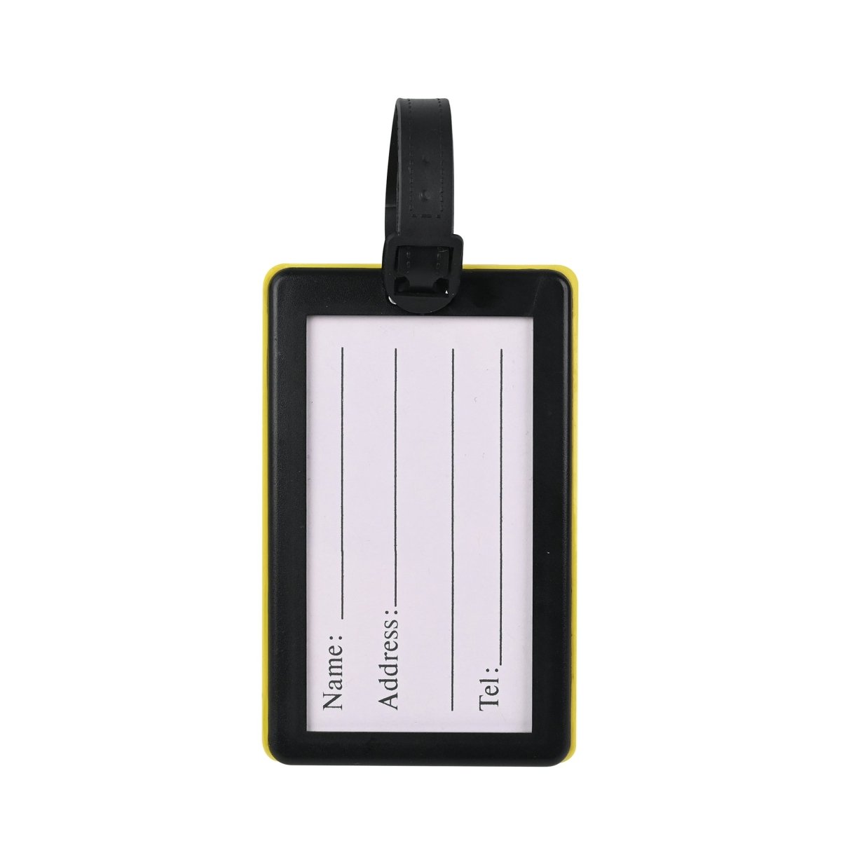 Luggage tag with black frame, blank name, address, and Tel lines