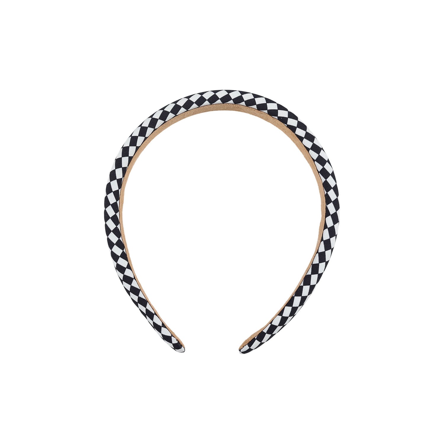 Black and white checkered headband with tan inner band, rounded shape