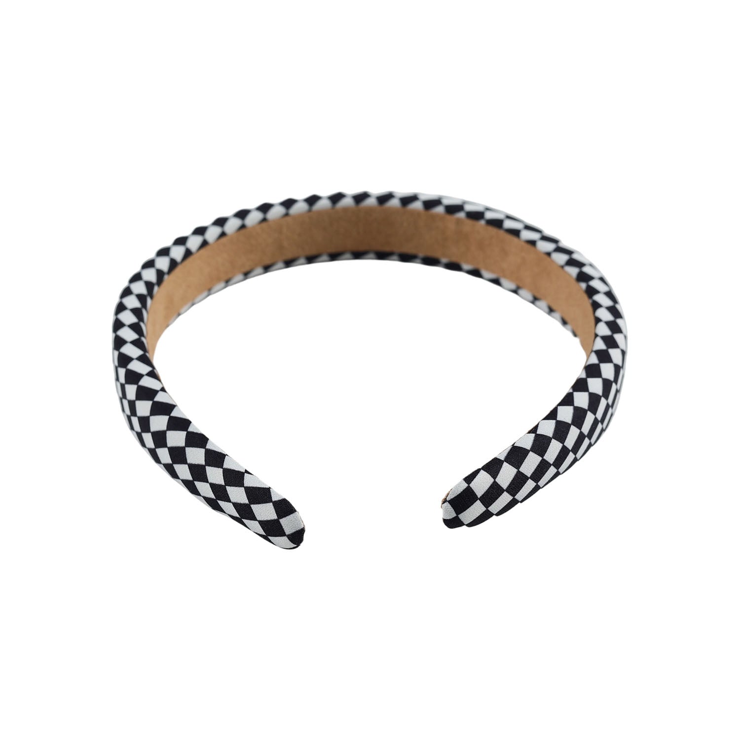 Black and white checkered headband with tan inner band, open arc