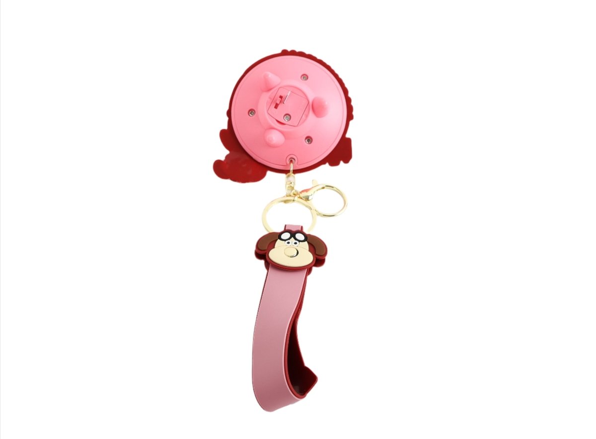 Pink dog cartoon keychain with round glitter charm and dog face tag