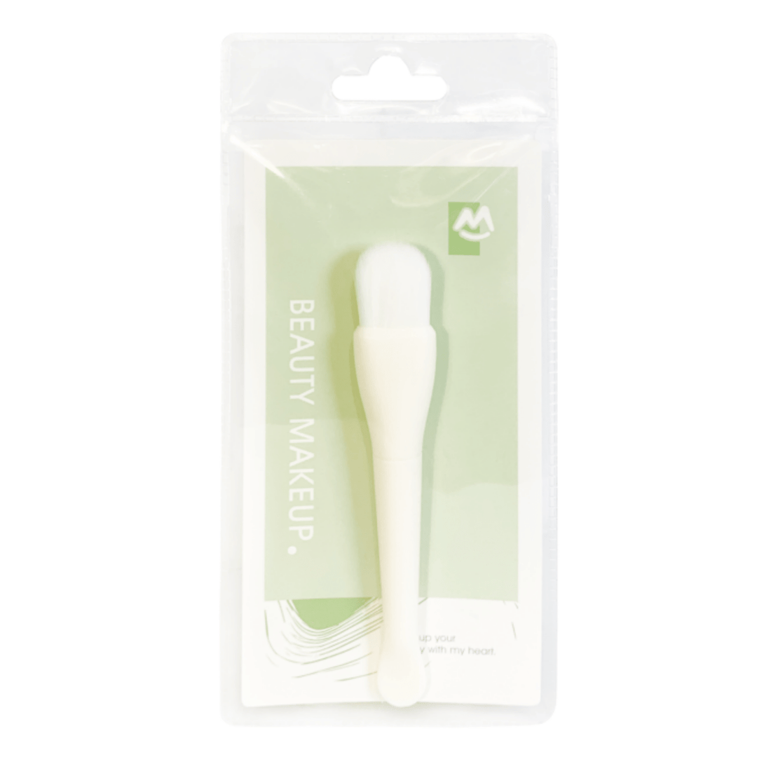 Soft makeup brush in plastic sleeve, rounded white bristles and slim handle