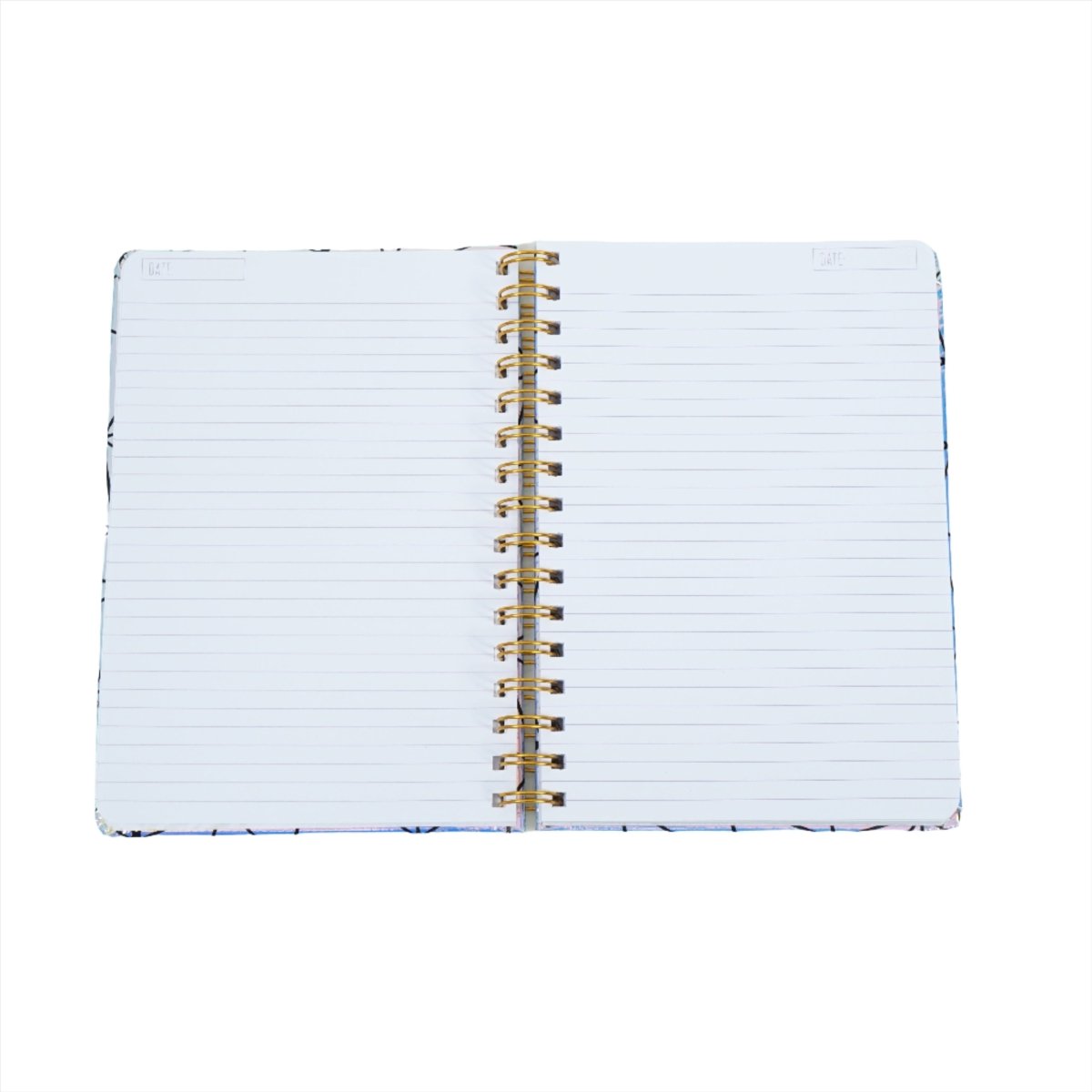 Holographic geometric notebook, open with white lined pages and gold spiral