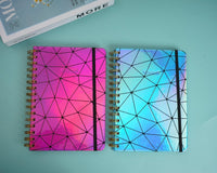 Holographic geometric notebook set, pink and blue covers with gold spiral rings