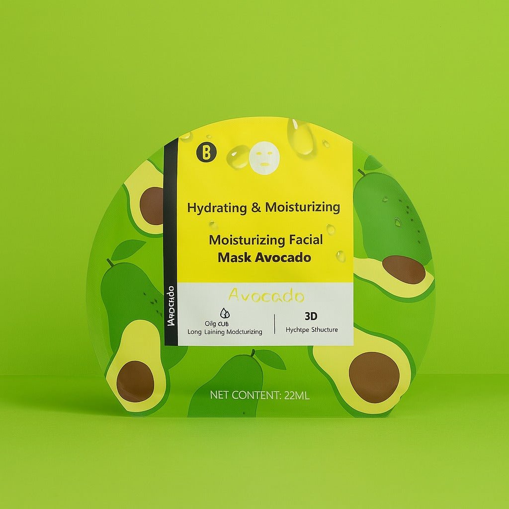 Hydrating avocado facial mask pouch with front label and 3D logo
