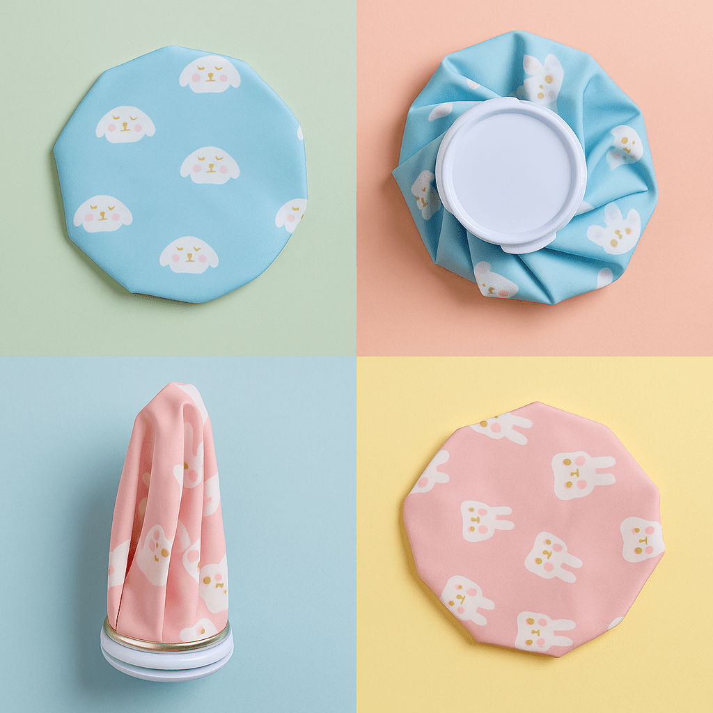 Blue reusable ice pack cover with cartoon sheep pattern and round white cap