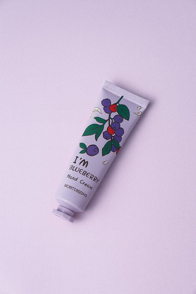 Moisturizing hand cream tube with blueberry and leaf graphic, lilac tube
