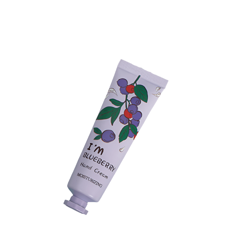 Moisturizing blueberry hand cream tube, lilac with fruit-and-leaf illustration